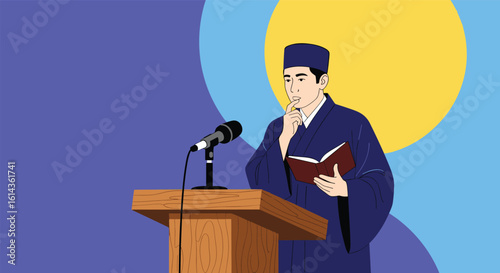 An academician dressed in a graduation gown delivers a thoughtful speech at a podium holding a book