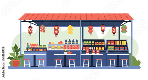 Vibrant asian street food stall offering diverse snacks drinks and refreshments under red lantern illumination