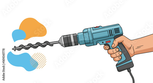 Power drill with auger bit making hole in material for construction and diy projects