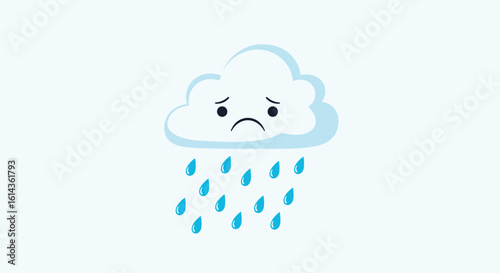 Sad cloud raining down blue water droplets with a melancholy expression on a light blue background