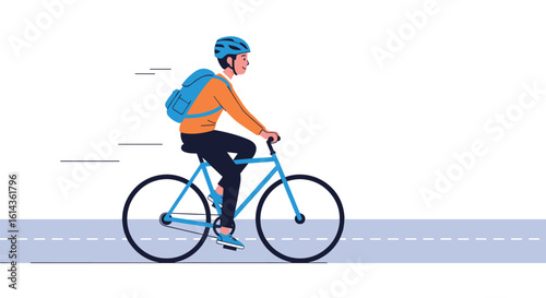 A young man with a blue backpack rides a blue bicycle on a grey path wearing an orange shirt and blue helmet