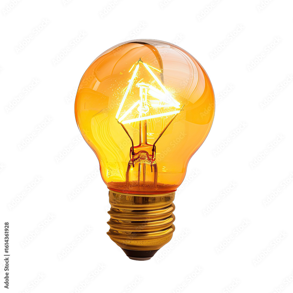 A warm, amber-colored light bulb, glowing brightly. A stylized, triangular filament design is visible within the bulb's interior A warm, amber-colored light bulb, glowing brightly. A stylized, triangular filament design is visible within the bulb's interior