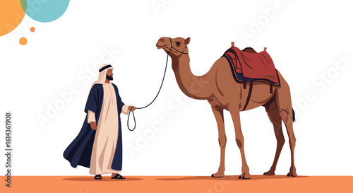 A man guides his camel across a desert landscape under a bright sky