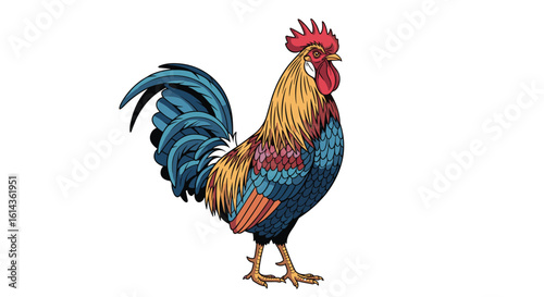 Colorful rooster standing proudly with detailed feathers and red comb on a white background