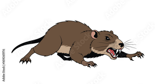Aggressive brown rodent showing its teeth and open mouth in a fierce attack stance captured in a cartoon illustration