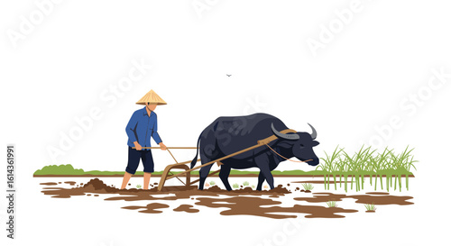 A farmer wearing a conical hat guides a water buffalo plowing a muddy field with green grass in the background
