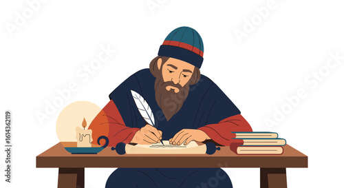 Illuminated manuscript creation from ancient times using quill pen and ink with historical texts and candlelight for inspiration