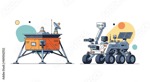 Illustrations of an orange space lander and a white six-wheeled rover exploring a celestial body with abstract shapes