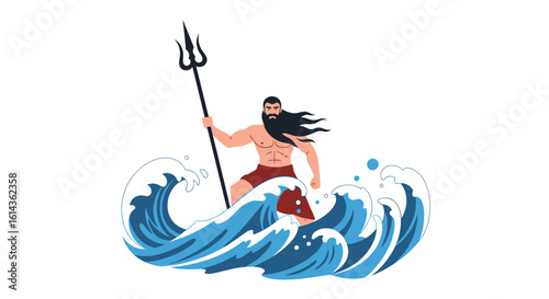 Majestic sea god dominating the ocean waves with his powerful trident creating a dynamic water display