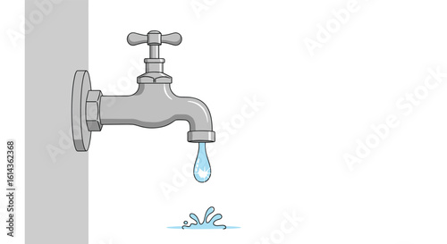 Detailed exploration of a water faucet dripping water onto a surface with splashes showing hydrodynamic effects