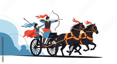 Ancient warriors on horse drawn chariot engaging in archery practice during a dynamic outdoor battle scene