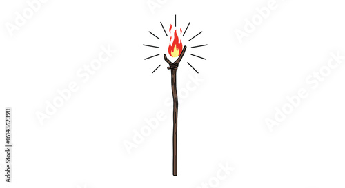 A mystical torch illuminating the darkness with its fiery glow and wooden shaft