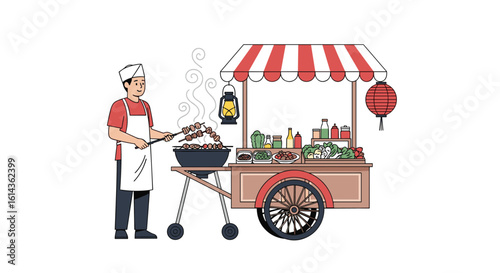 Street food vendor preparing delicious grilled meats and fresh vegetables at an outdoor cart