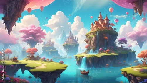 Fantasy Floating Islands with Castles Waterfalls and Hot Air Balloons