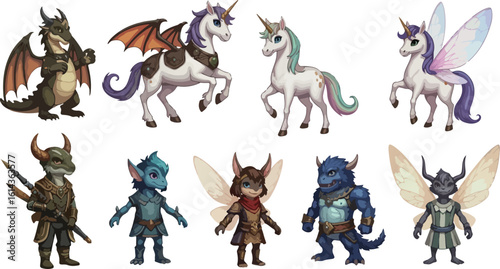 Collection of mythical creatures and fantasy characters isolated on transparent background