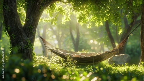 Hammock Under Lush Trees in a Serene Forest Setting