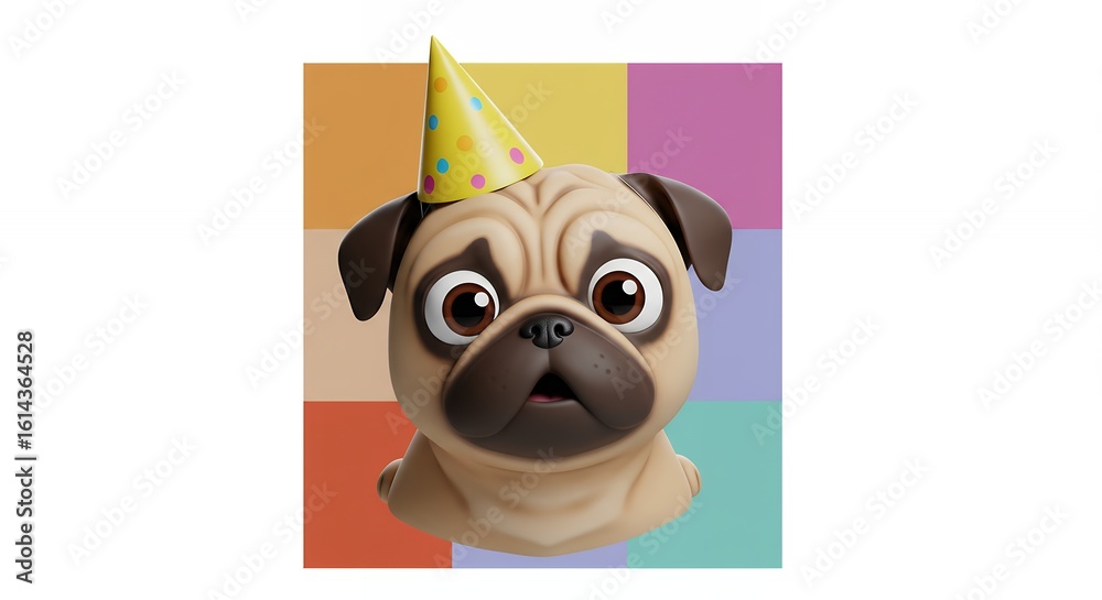 Naklejka premium Pug cartoon character with party hat