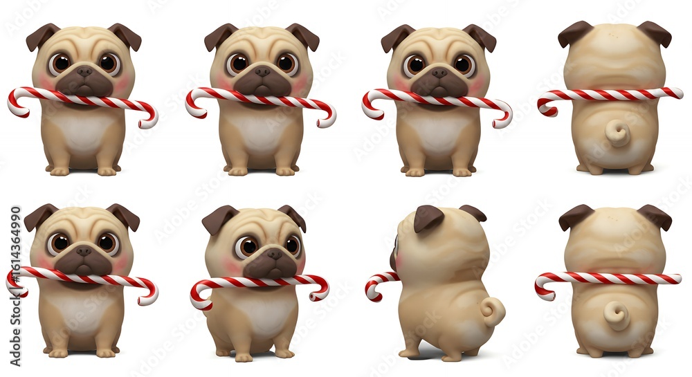 Obraz premium Pug dog holding candy cane multiple views