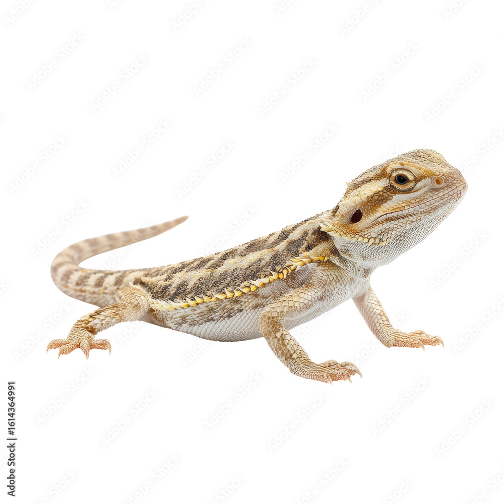 Naklejka premium Detailed close-up of a bearded dragon lizard posing on a clean surface with vibrant colors and unique textures highlighting its features