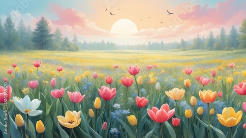 Colorful Tulip Meadow at Sunrise Painting with Forest and Birds