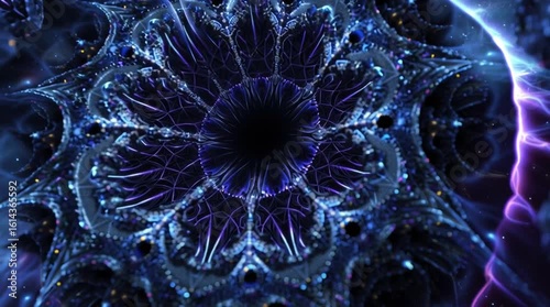 3D Mandelbrot set endlessly zooming inward, with glowing fractal structures, infinite recursion,4k