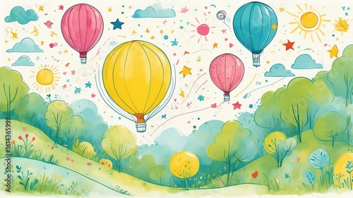 Colorful Hot Air Balloons Flying Over a Whimsical Landscape Painting