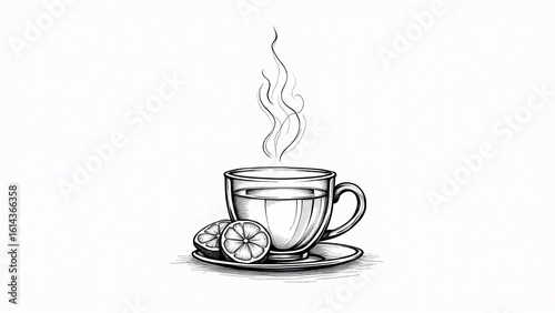 Steaming Tea Cup with Lemon Slices Sketch