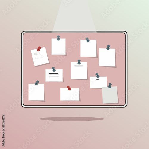 A floating pink bulletin board with blank white paper notes pinned by thumbtacks under a spotlight.