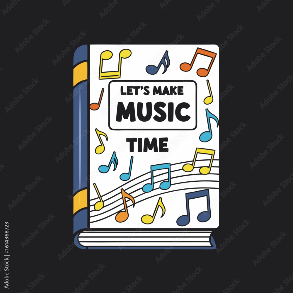 Fototapeta premium A cartoon book titled 'Let's Make Music Time' with colorful musical notes on its cover.