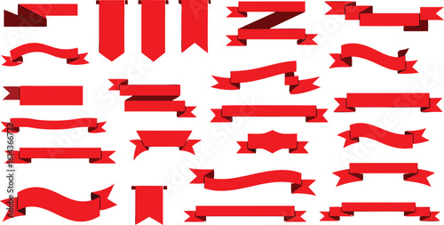 A collection of various red ribbon banners displayed against a stark transarent background design elements