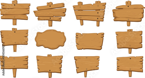 Collection of twelve cartoon wooden signs with different shapes and styles on a transparent background