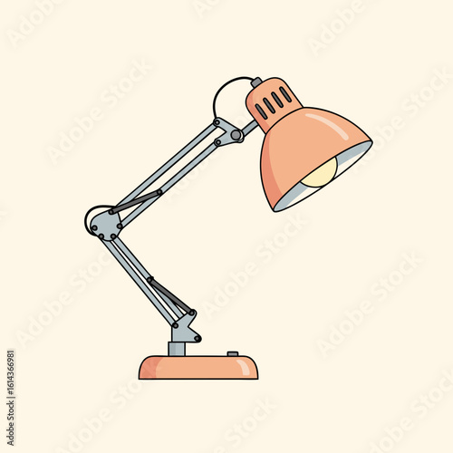 Simple, outlined illustration of a coral-colored desk lamp.