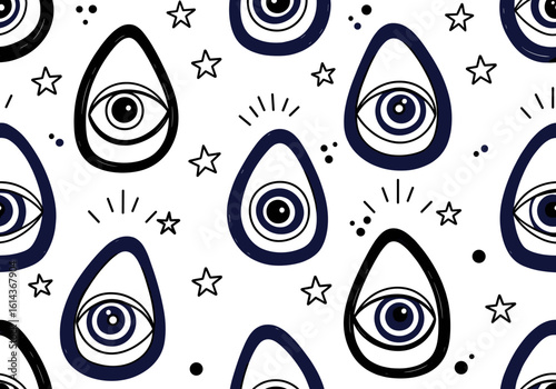 Seamless pattern featuring hand-drawn intricate evil eye talismans including circular charms, amulets with lashes, and decorative borders, with moons, sparkles, and dots in black on white or navy on c