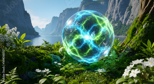 Enchanted sphere resting in a lush, mountainside garden