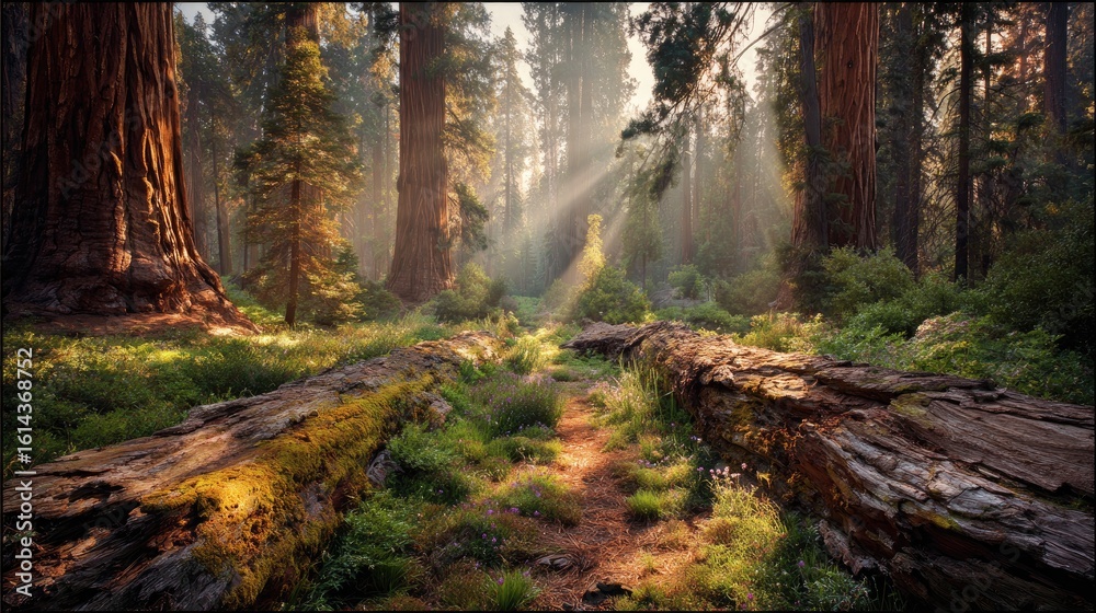 Obraz premium Sunlight streams through a redwood forest.