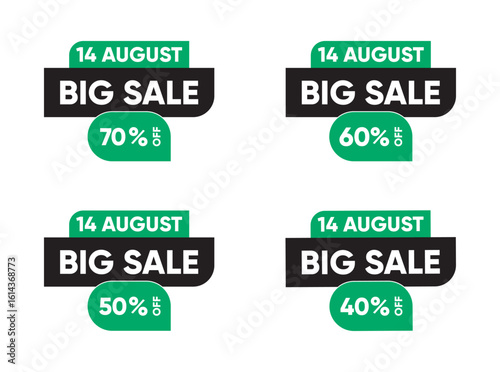 14 August Pakistan Independence Day Big Sale Labels, Flat Design Discount Tags Offering 70%, 60%, 50%, and 40% Off in Green and Black