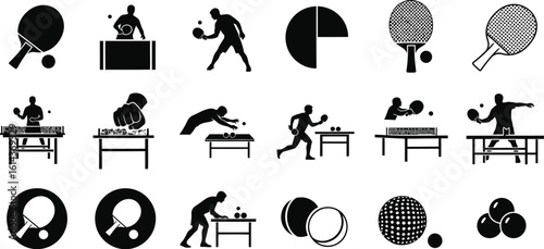 Various black and white table tennis icons depicting players and equipment