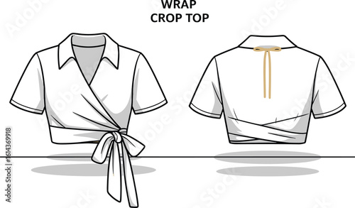 Back tie halter crop top design, trendy summer fashion blouse sketch, detailed garment vector drawing, stylish women's apparel CAD illustration