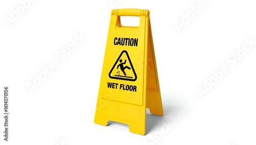 Caution wet floor sign stands alerting to risk of slippery surface and potential for slips