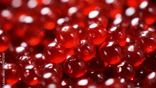Crimson Delights: A close-up view showcases a cluster of glistening red caviar, offering a visual feast of texture and rich color, suggestive of luxury and indulgence.
