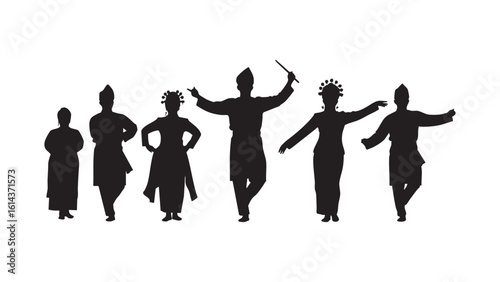 Silhouette of traditional cultural dancers in celebration pose with hands raised