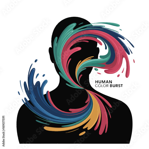Abstract colorful paint splash swirling around a human head silhouette isolated on white background
