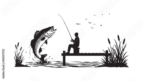 Fishing silhouette with man catching fish from dock with nature and reeds