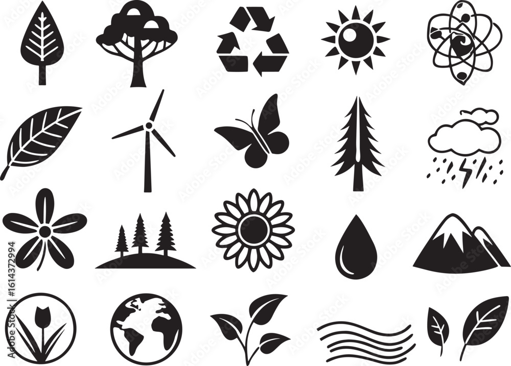 Fototapeta premium Silhouette Nature & Environment Icons Set on White Background Eco, Green, Recycle, Minimal Design Vector Pack