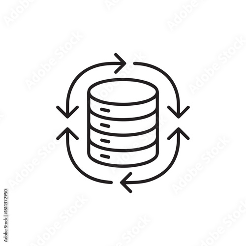 Circular arrows surrounding a stack of coins or data disks in a silhouette style isolated on white background
