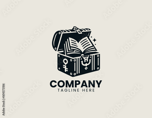 Treasure chest full of glowing books and knowledge items vector logo illustration in magical educational concept style