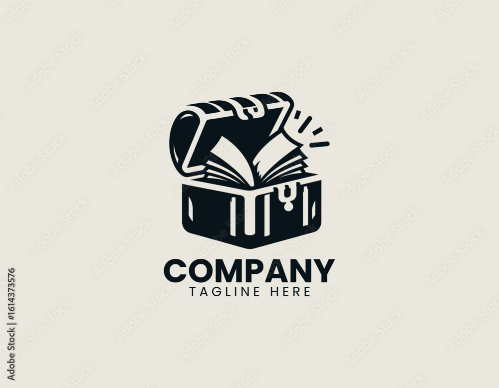 Treasure chest full of glowing books and knowledge items vector logo illustration in magical educational concept style Treasure chest full of glowing books and knowledge items vector logo illustration in magical educational concept style