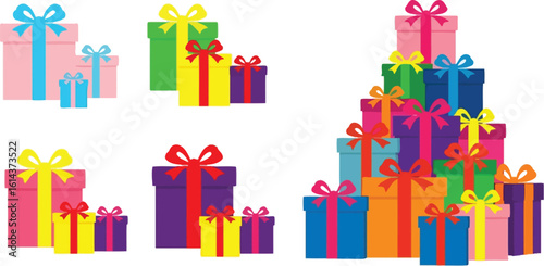 Brightly wrapped gift boxes with colorful ribbons for festive occasions