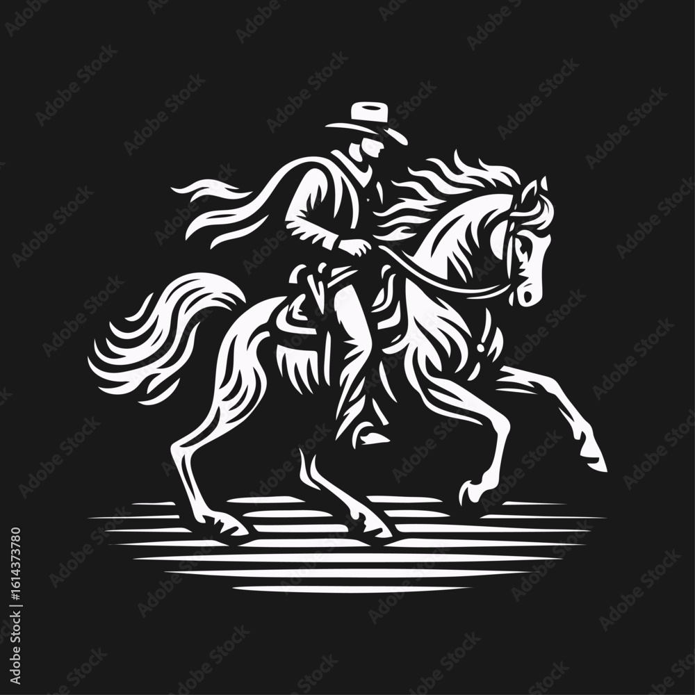 Obraz premium Cowboy with horse hand draw engrave icon design black white