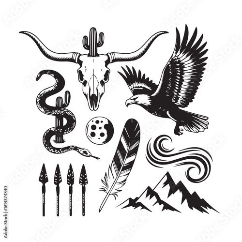 Collection of western and native american inspired elements including a longhorn skull cactus snake feather arrows mountains and eagle silhouette isolated on white background